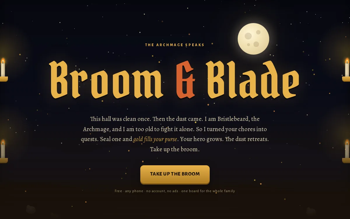 The Broom & Blade website. A candlelit hall under a night sky, with the name of the app in large gold letters.