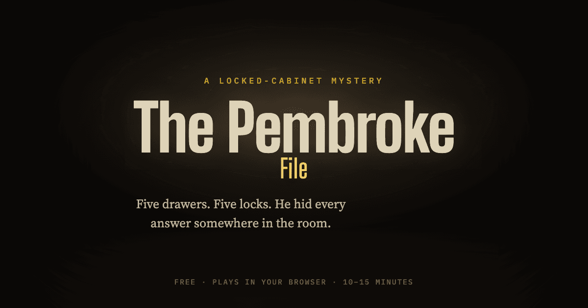 The Pembroke File website. A dark office lit by a single desk lamp.