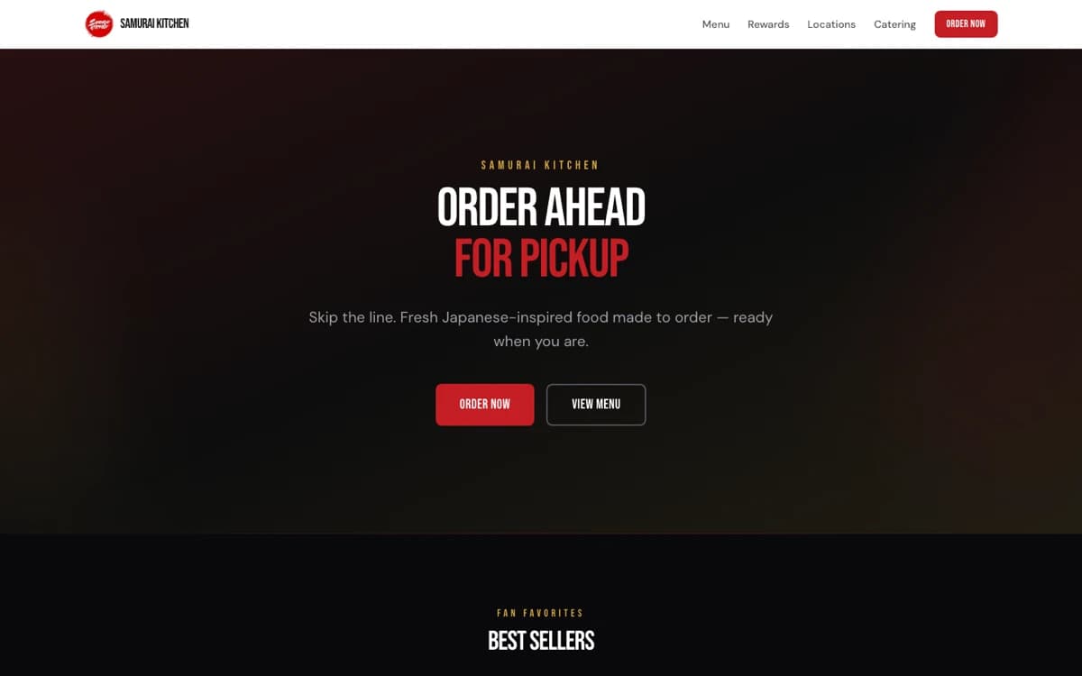The Samurai Kitchen website, showing catering and online ordering.