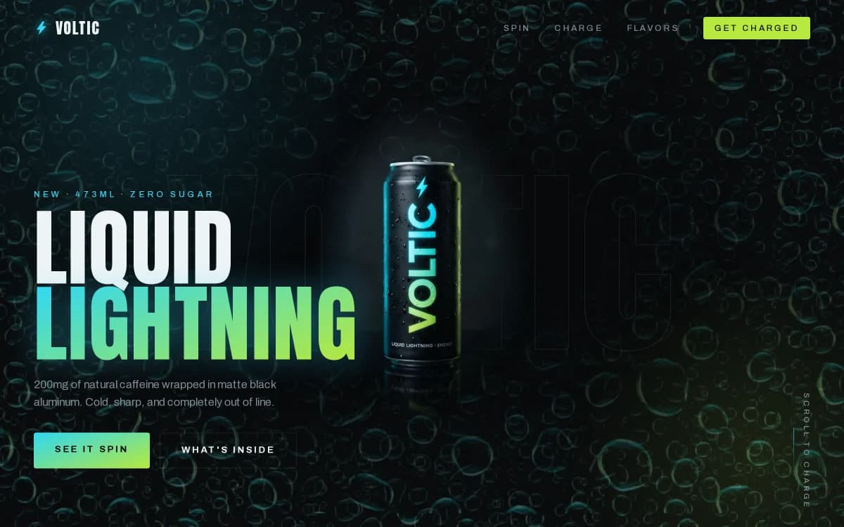 The VOLTIC website. A black energy drink can lit in blue and green, covered in water droplets.