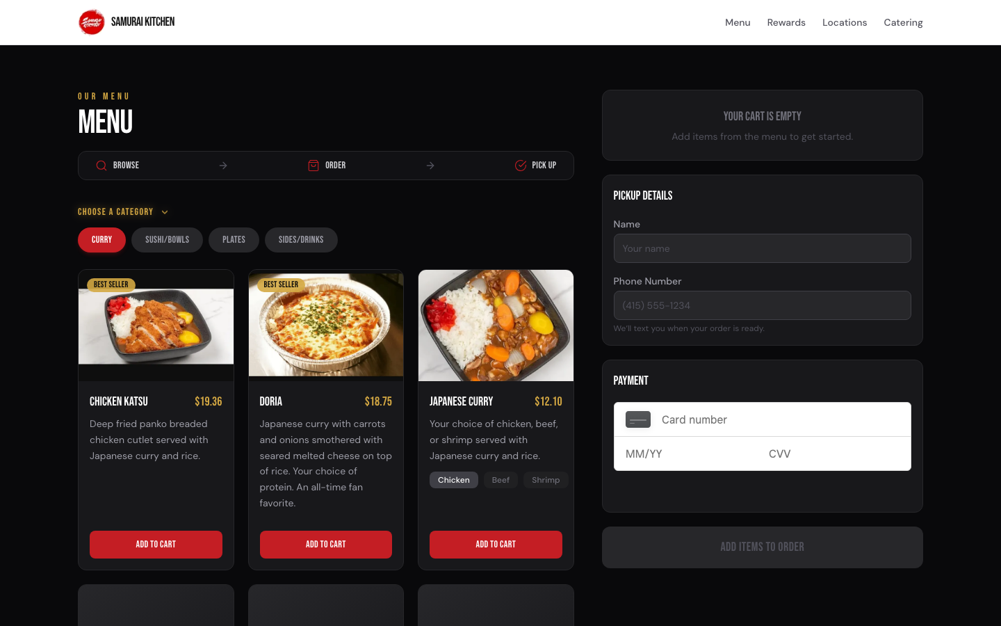 The Samurai Kitchen ordering site — the one I had the AI attack before writing about it