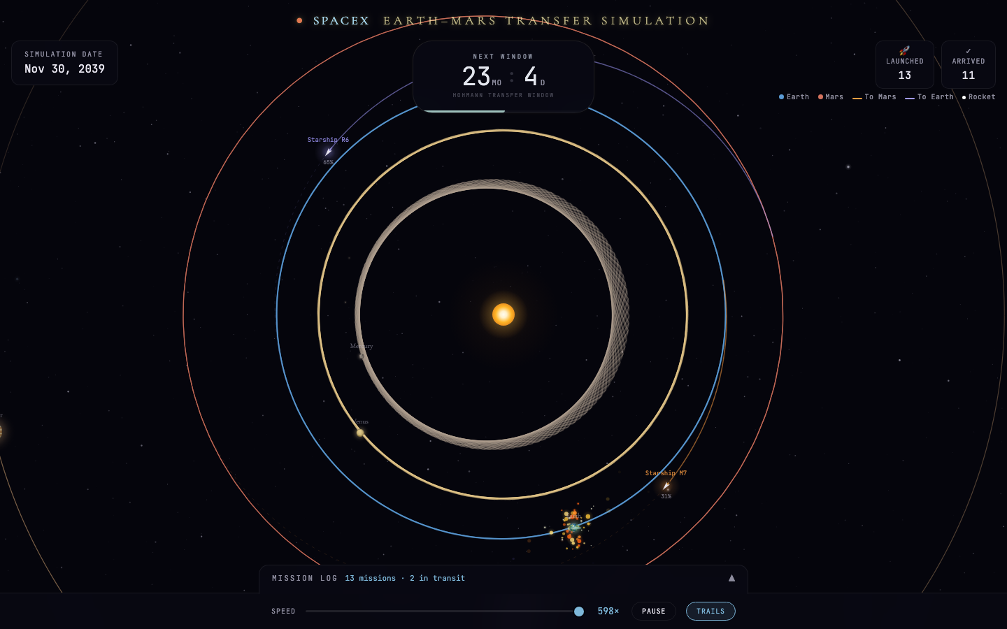 SpaceX Mars Transfer Simulation screenshot