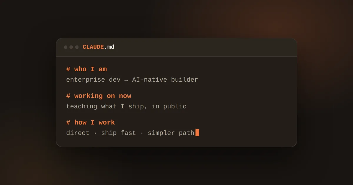 A plain-text file named CLAUDE.md — who I am, what I am working on, how I work — the one file my AI reads every session.