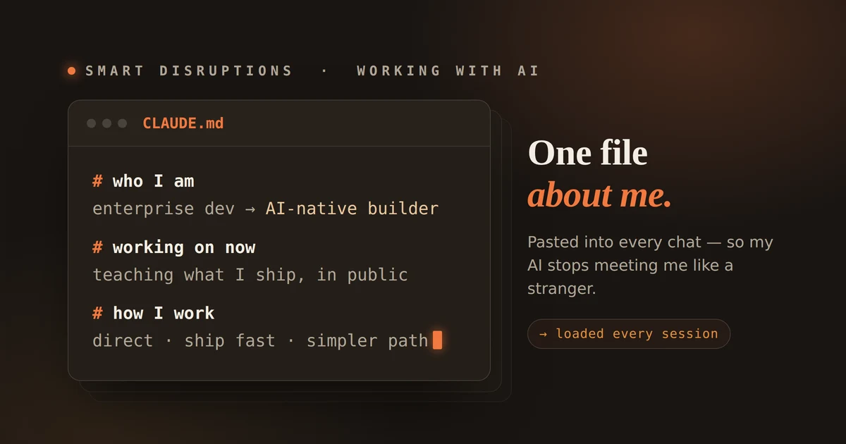 A plain-text file named CLAUDE.md — who I am, what I am working on, how I work — the one file my AI reads every session.