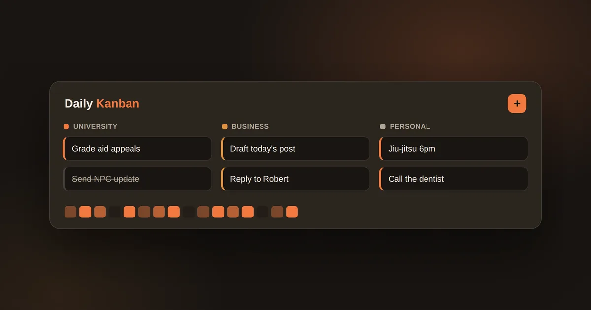 The Daily Kanban board — University, Business, and Personal columns with task cards and an activity heatmap.