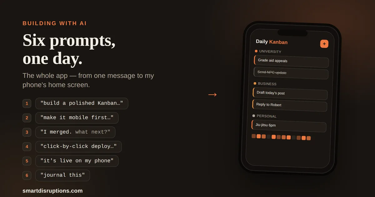 Six short prompts, numbered one to six, flowing into a phone showing a Daily Kanban app with University, Business, and Personal columns — the whole app built from six messages.