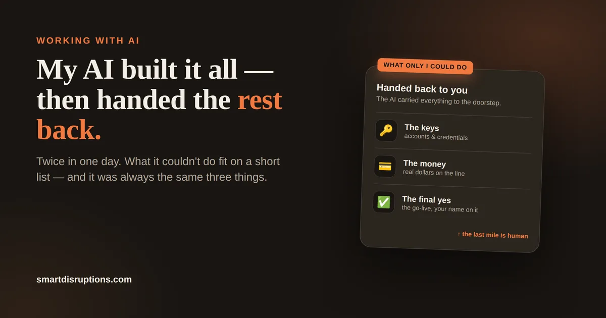 A checklist card titled 'What only I could do — handed back to you', with three rows: the keys (accounts and credentials), the money (real dollars), and the final yes (the go-live, your name on it).